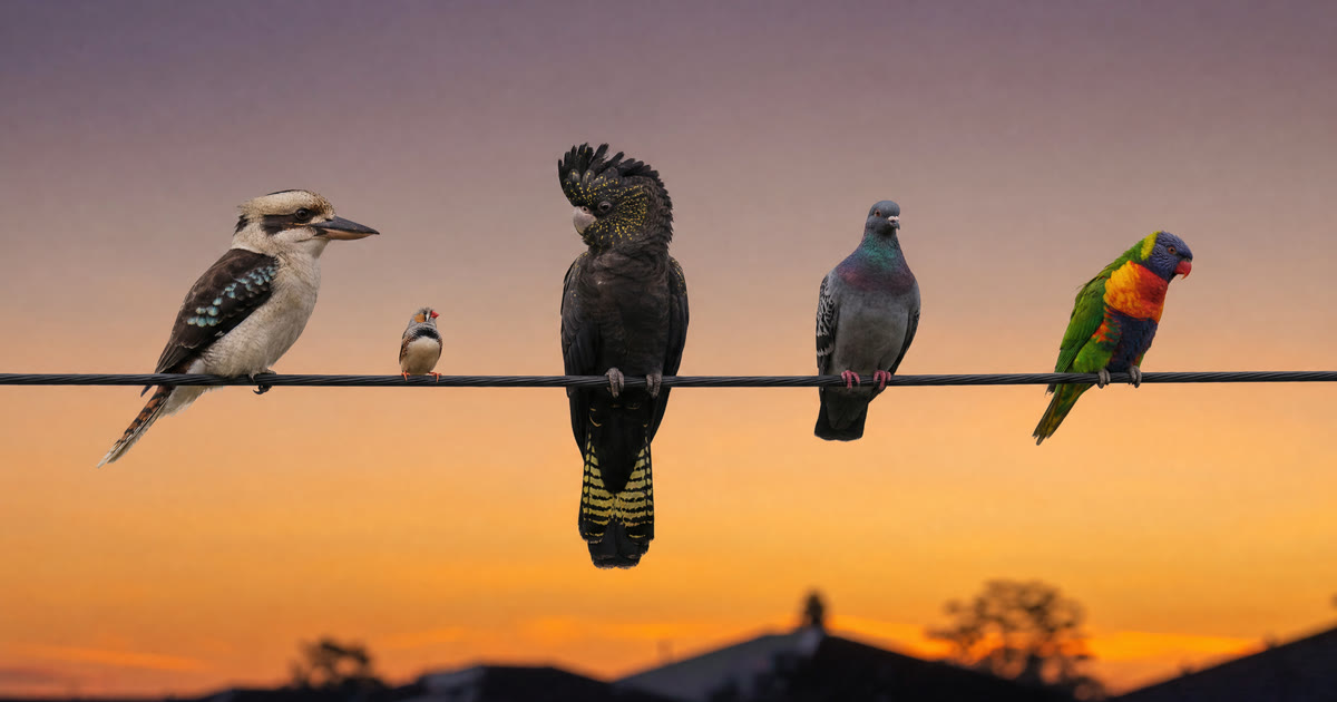Five very different birds perched together on a single power line at dusk