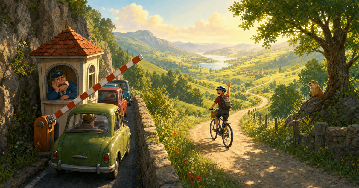 Illustration of a tiny toll booth on a narrow road while a cyclist takes the free scenic path beside it