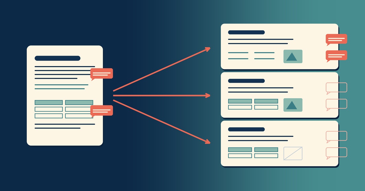 One document fanning out into three exported copies: the first keeps its comment bubbles, the second has lost them, and the third has lost them and shows an empty frame where its image should be