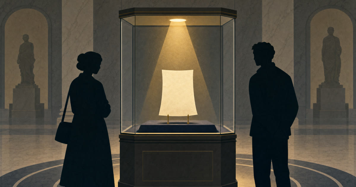 Illustration of a single sheet of paper displayed like a priceless artifact in a spotlit museum vitrine