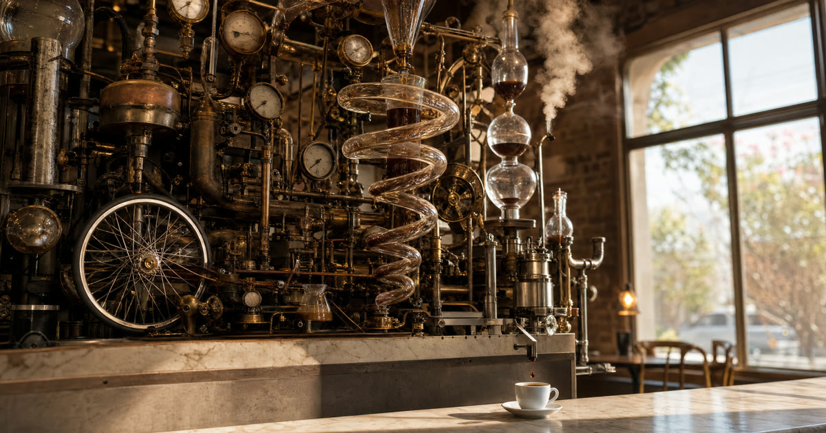 A ceiling-high Rube Goldberg coffee machine delivering a single drop into one small, calm espresso cup