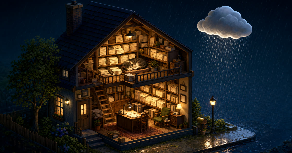 Illustration of a cozy cutaway house at night, shelves of warmly glowing documents inside while rain falls outside