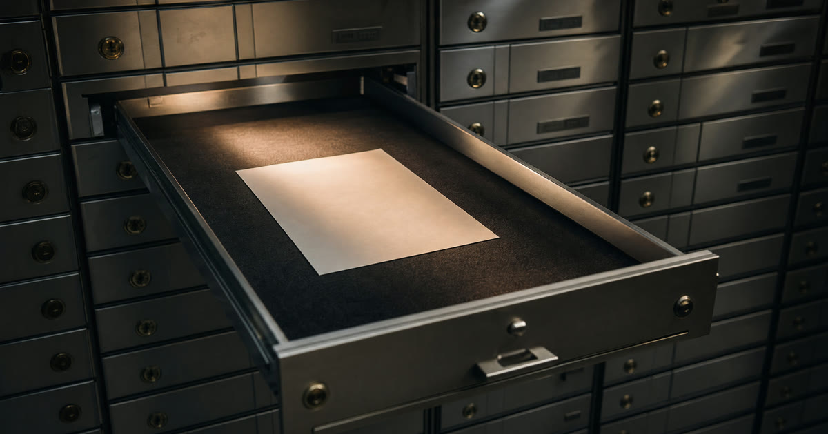 A bank-vault safety deposit drawer open with a single untouched sheet of paper inside