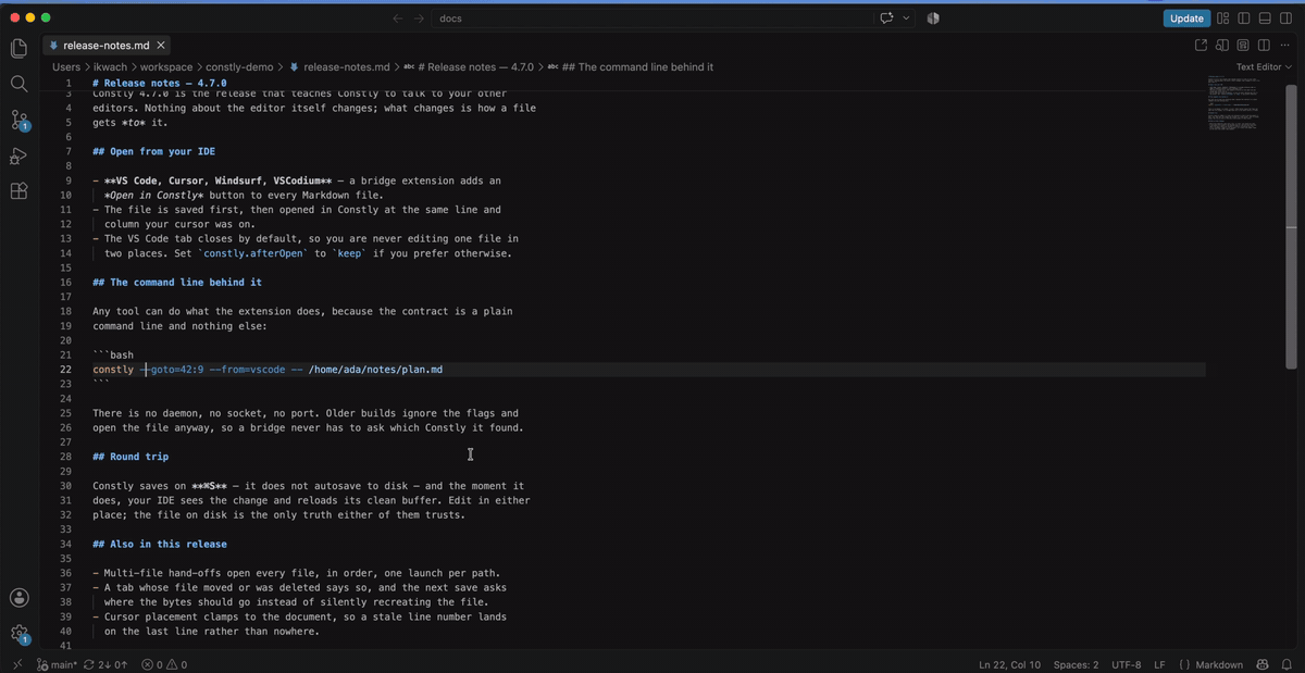 A Markdown file open in VS Code with the cursor on a line. The Open in Constly command is run; Constly comes forward with the same line centred and the cursor inside it, the VS Code tab closes, and typing continues in Constly: a comment is added inside the code block and a heading is extended, rendered as it is typed. Captions: any Markdown file straight from your IDE; one command, saved first, handed over at your cursor; opens in Constly at the same line in real typography; not a preview, keep typing right here; free for VS Code, Cursor, Windsurf and VSCodium, needs Constly.